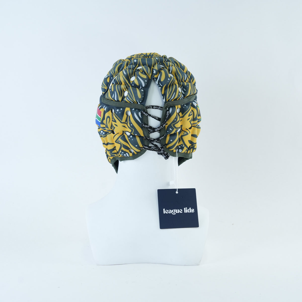 South Africa Classic Headguard Lid - worn, back view with lace | League Lids