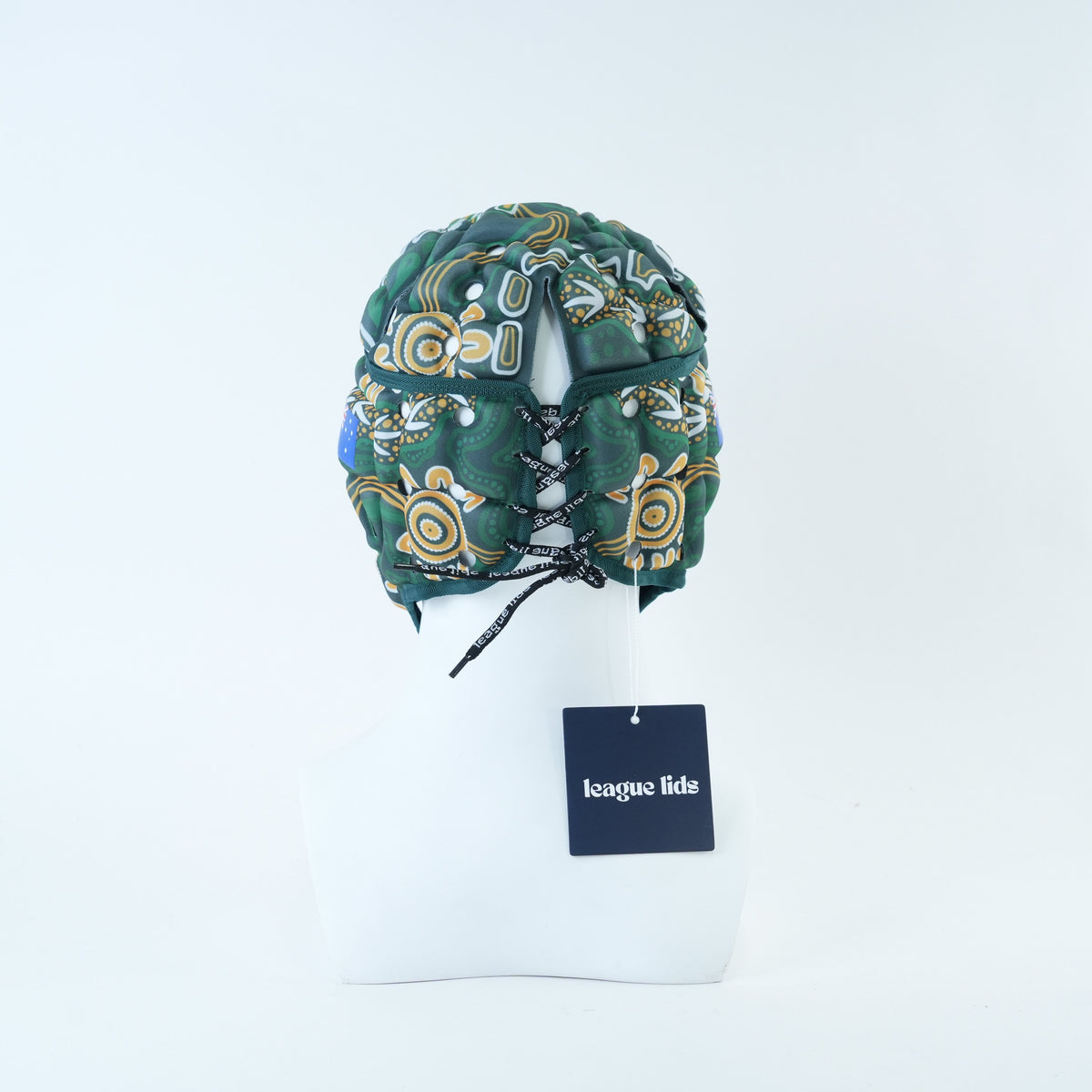Australia Classic Headguard Lid - V2 - worn, back view with lace | League Lids